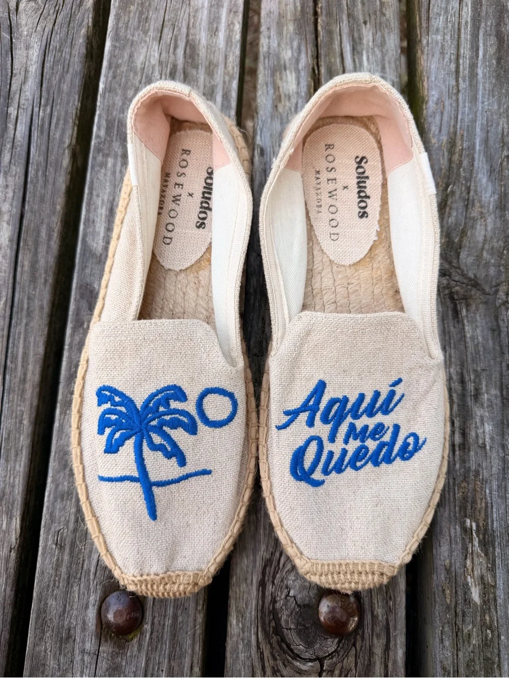Soludos Beige Espadrilles with Blue Palm and Script Embroidery